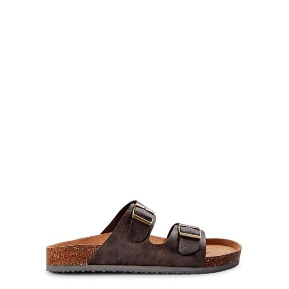 Men's Brown Hip Strap Sandals, Casual Slide-On Style Twin Buckle Accents Size 12 - Picture 2 of 5